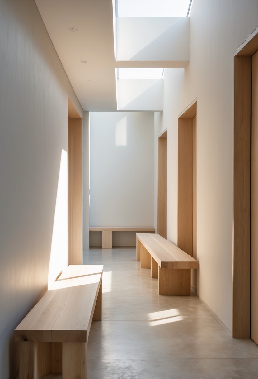 Modern Hallway Design With Natural Materials: 22 Inspiring Ideas for a Stylish Entryway 16 A modern hallway with minimalist wooden benches and natural materials, lit by soft natural light.