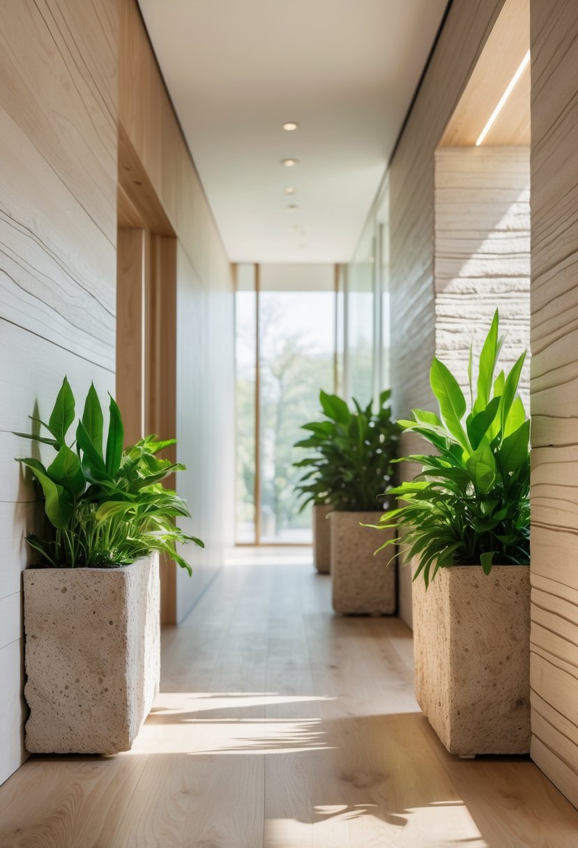 Modern Hallway Design With Natural Materials: 22 Inspiring Ideas for a Stylish Entryway 17 A hallway with large stone planters filled with green plants, wooden floors, and natural light coming through windows.