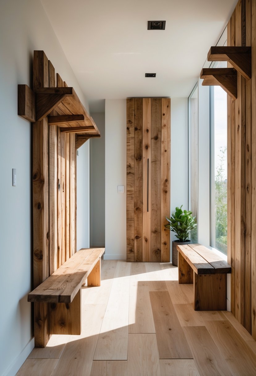 Modern Hallway Design With Natural Materials: 22 Inspiring Ideas for a Stylish Entryway 18 A hallway with wooden coat racks mounted on the wall, natural light coming through a window, and a wooden floor.