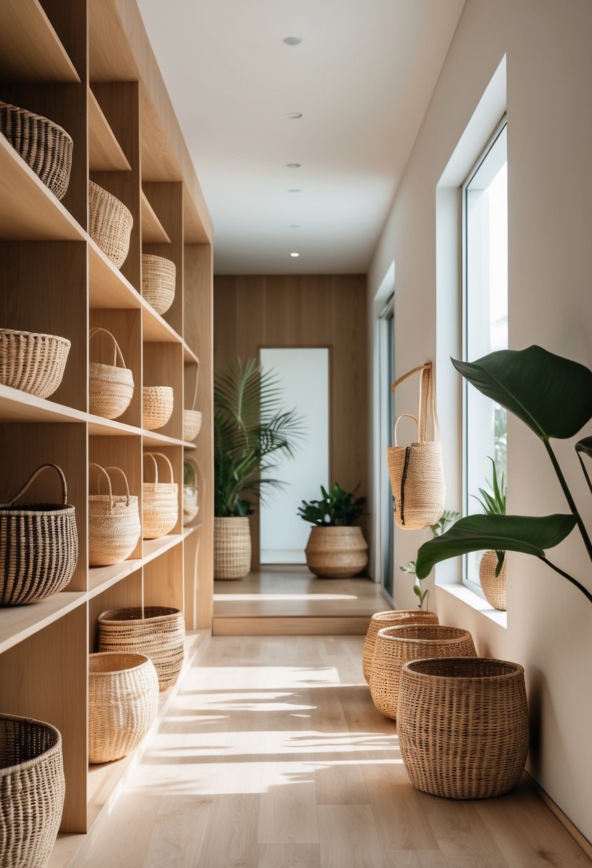 Modern Hallway Design With Natural Materials: 22 Inspiring Ideas for a Stylish Entryway 19 A modern hallway with wooden flooring and handwoven baskets arranged on shelves and the floor, illuminated by natural light.