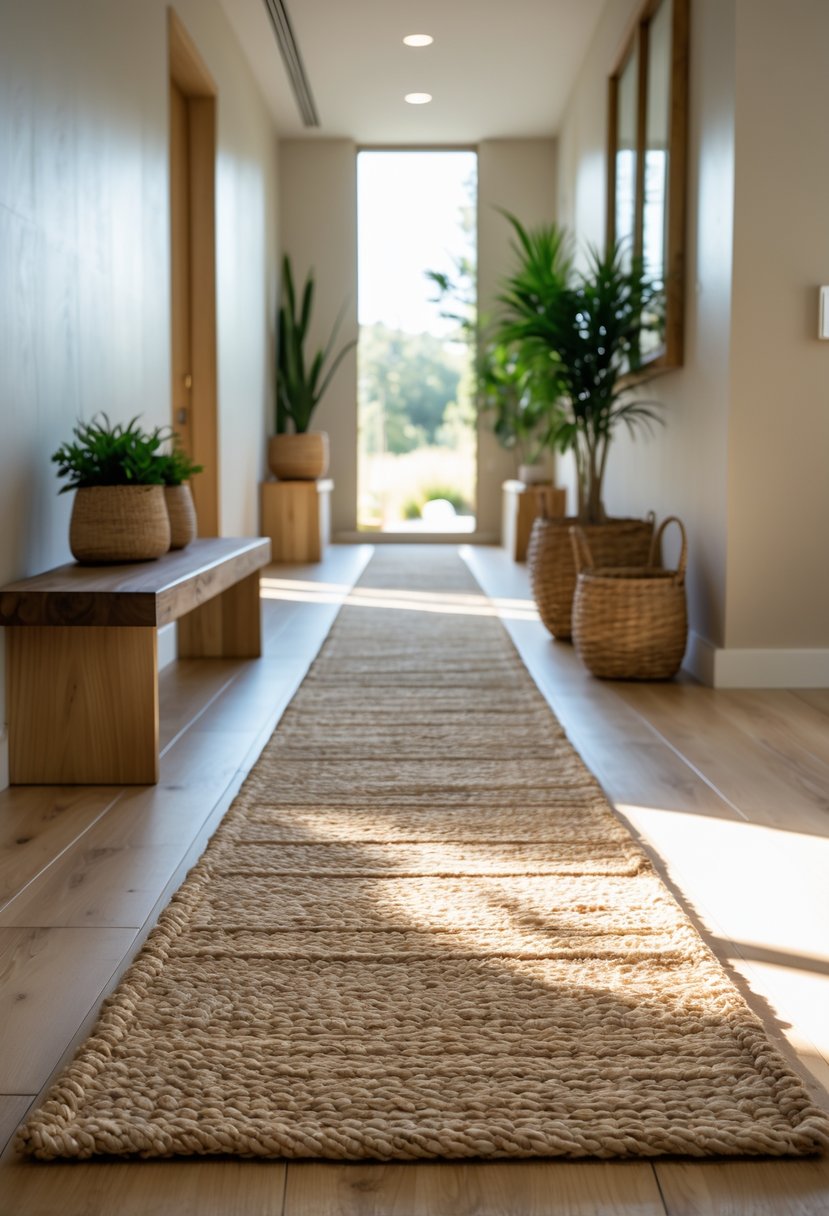 Modern Hallway Design With Natural Materials: 22 Inspiring Ideas for a Stylish Entryway 20 A hallway with natural jute runner rugs on the floor, wooden benches, and green plants along the walls.