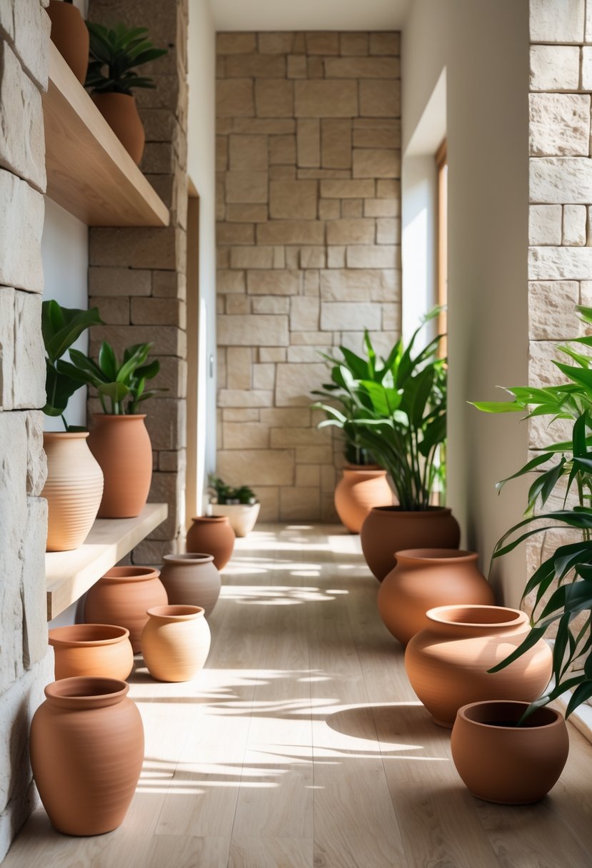 Modern Hallway Design With Natural Materials: 22 Inspiring Ideas for a Stylish Entryway 21 A modern hallway with clay and ceramic decorative pots placed on the floor and wooden shelves, surrounded by natural materials and plants.