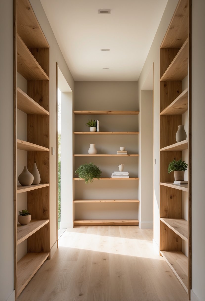 Modern Hallway Design With Natural Materials: 22 Inspiring Ideas for a Stylish Entryway 22 A hallway with open wooden shelves displaying decorative items and plants.