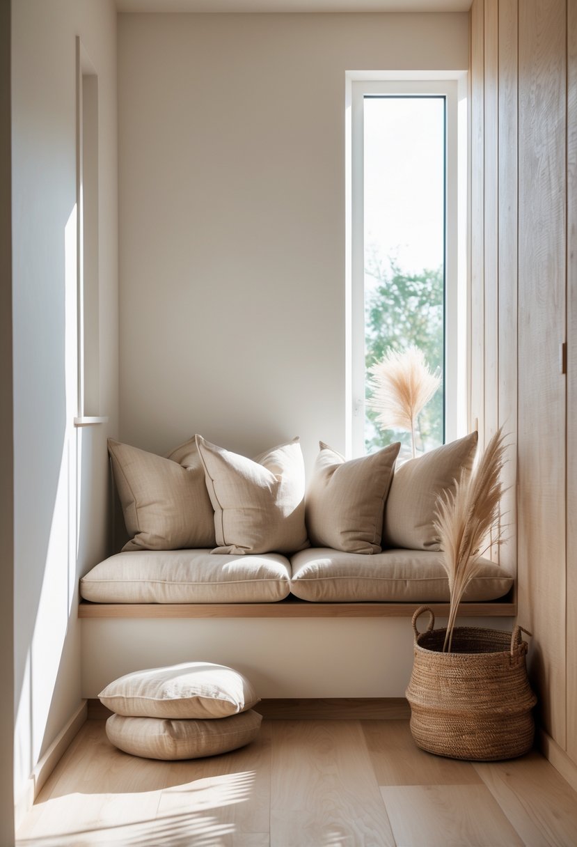 Modern Hallway Design With Natural Materials: 22 Inspiring Ideas for a Stylish Entryway 23 A hallway with a bench holding soft linen cushions in neutral colors, light wooden floors, and natural decorative elements.