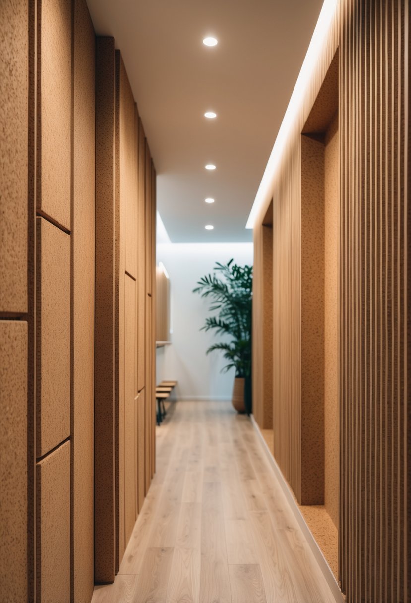Modern Hallway Design With Natural Materials: 22 Inspiring Ideas for a Stylish Entryway 24 A modern hallway with cork wall panels and wooden flooring, featuring natural materials and soft lighting.