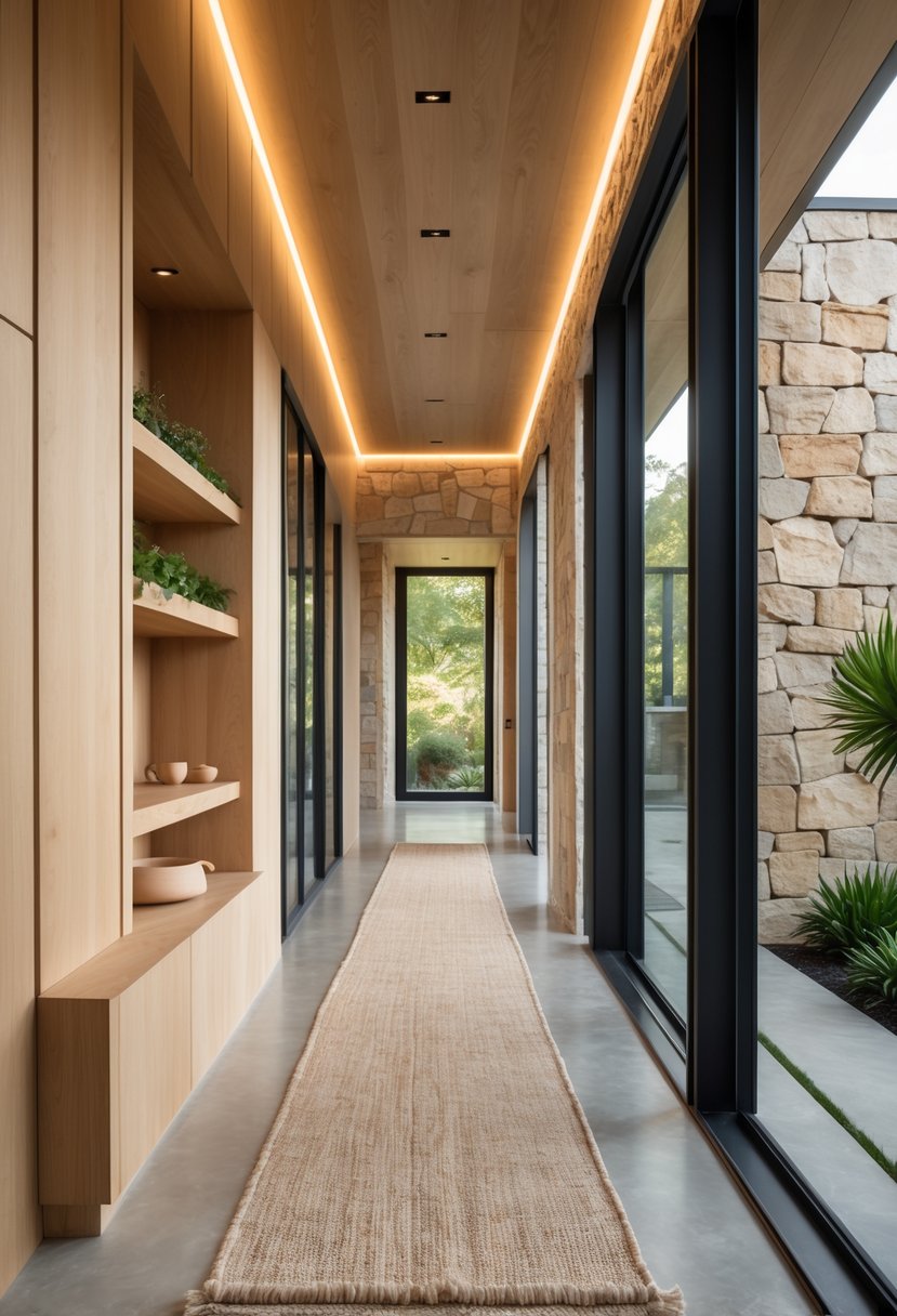 Modern Hallway Design With Natural Materials: 22 Inspiring Ideas for a Stylish Entryway 26 A bright hallway with wooden walls, stone accents, large windows, and natural light illuminating a polished floor and plants on shelves.