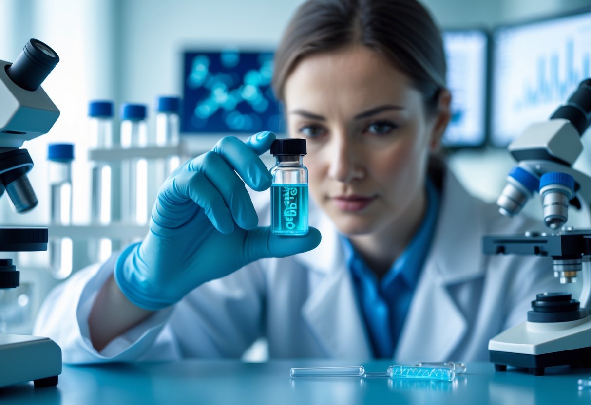 A scientist in a lab coat holding a vial with glowing blue liquid in a laboratory with scientific equipment in the background.