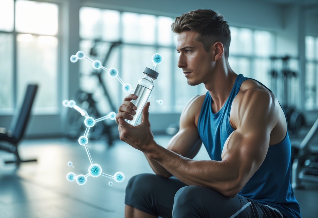 A young athlete in a gym holding a vial with glowing molecular structures, symbolizing enhanced recovery through IGF-1 LR3 and peptides.