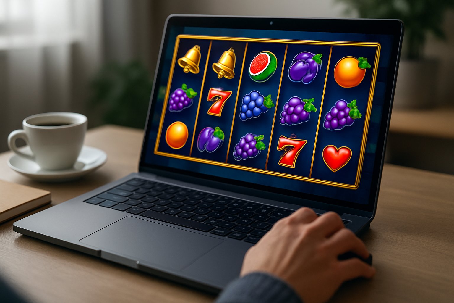 Seseorang sedang bermain mesin slot online di komputer dengan latar ruangan nyaman dan pencahayaan alami.