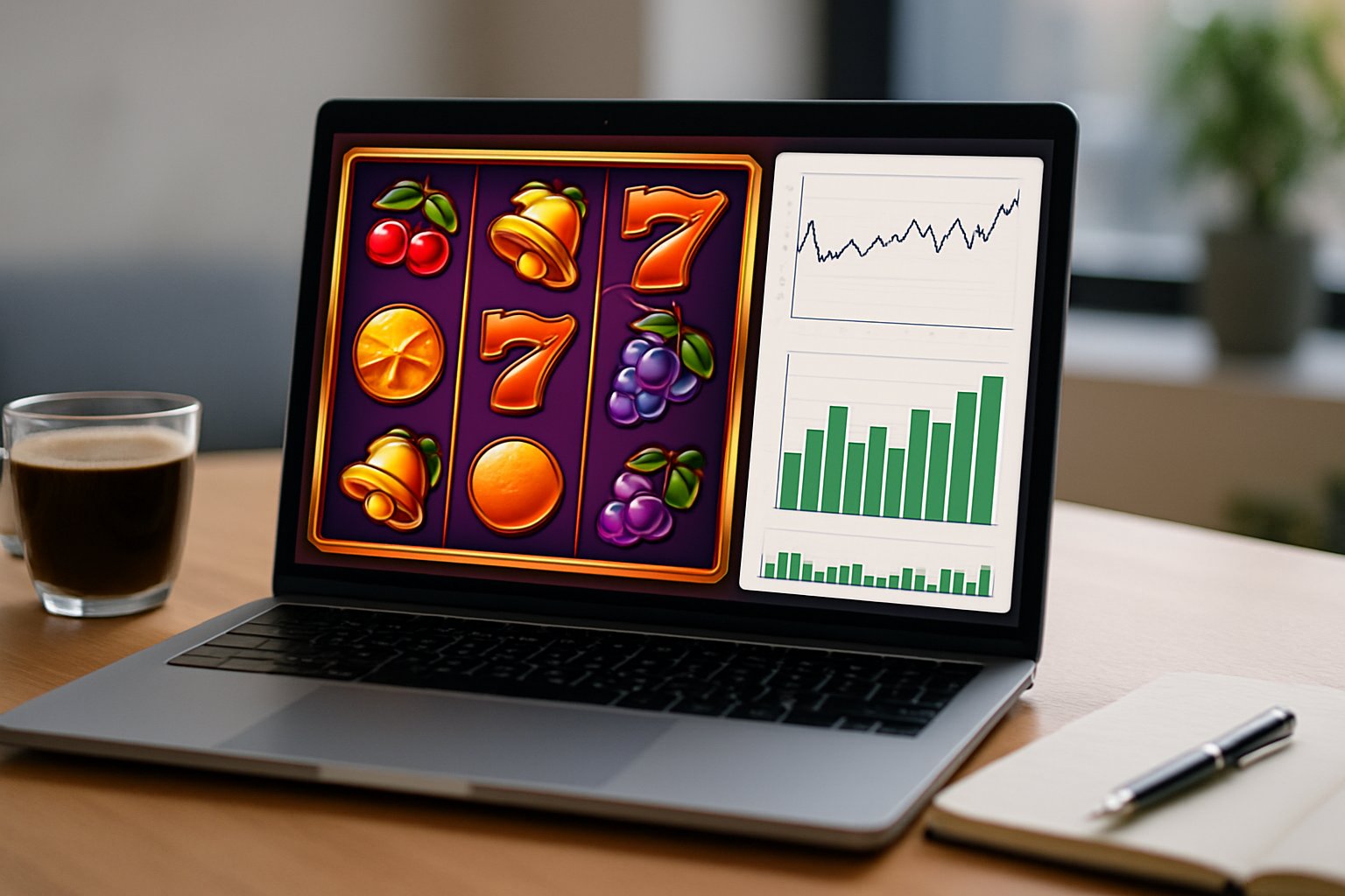 Sebuah ruang kerja modern dengan laptop yang menampilkan grafik permainan slot dan statistik RTP langsung, ditemani secangkir kopi dan buku catatan di meja.