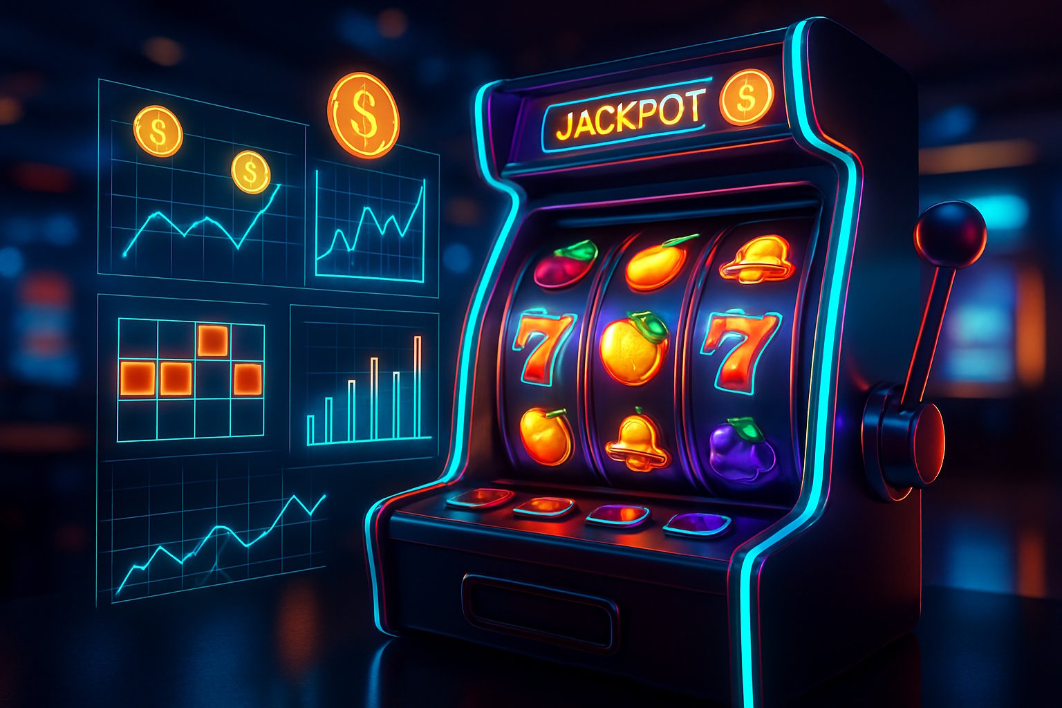Mesin slot futuristik dengan grafik pola kemenangan dan koin mengambang di lingkungan kasino modern.