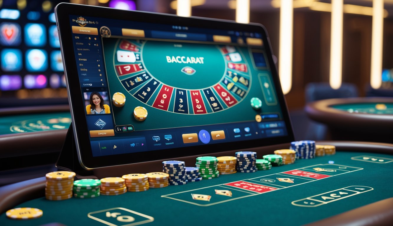 Tampilan meja baccarat online interaktif dengan kartu dan chip di layar komputer.