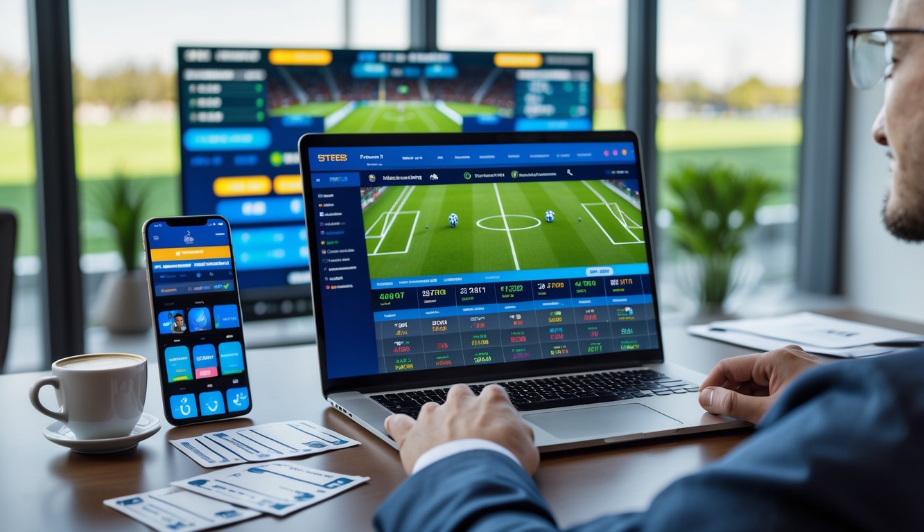 Seorang pria menggunakan laptop dan ponsel untuk memasang taruhan bola online dengan tampilan situs taruhan dan pertandingan sepak bola di layar.