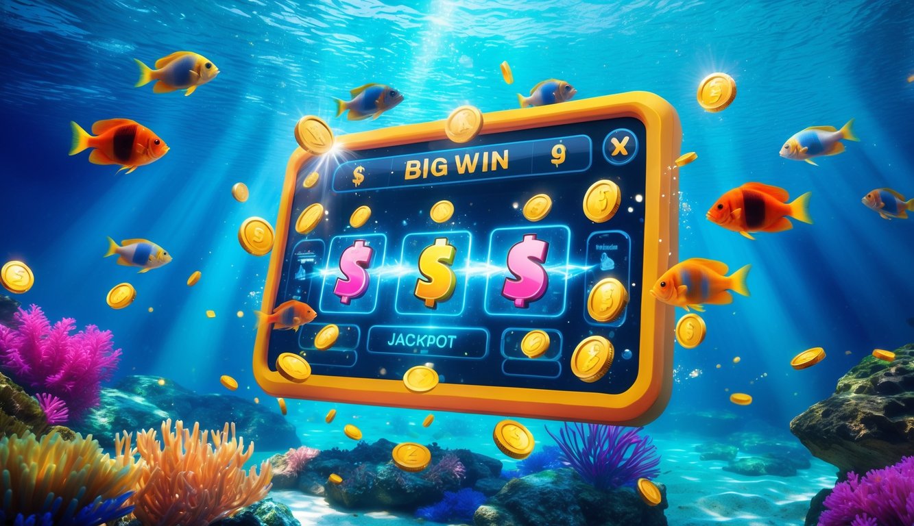 Pemandangan bawah laut dengan ikan berwarna-warni dan simbol jackpot yang bersinar di sekitar antarmuka permainan digital.