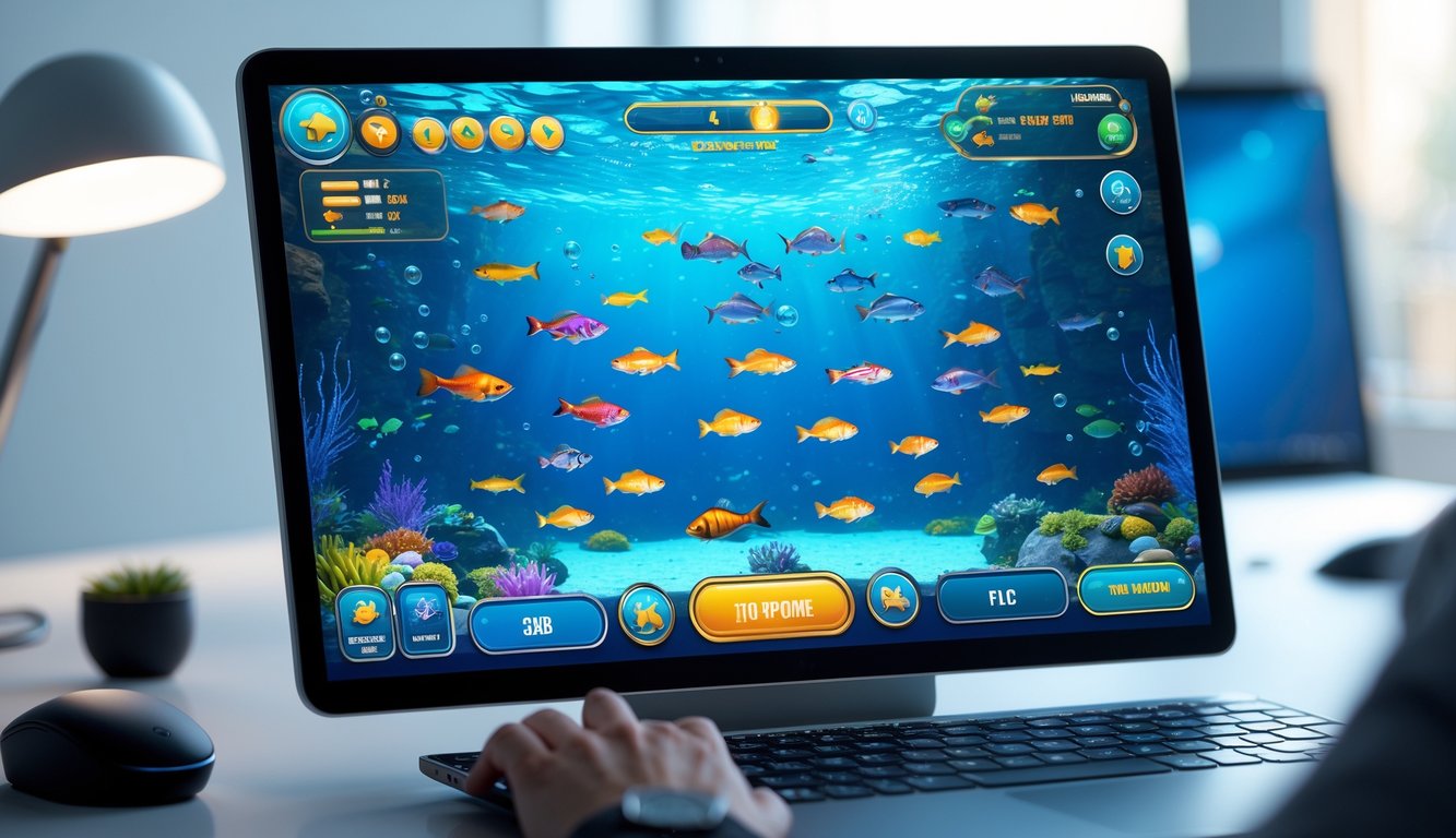 Layar komputer menampilkan permainan tembak ikan dengan berbagai ikan berwarna-warni dan ikon fitur lengkap di sekitar layar.