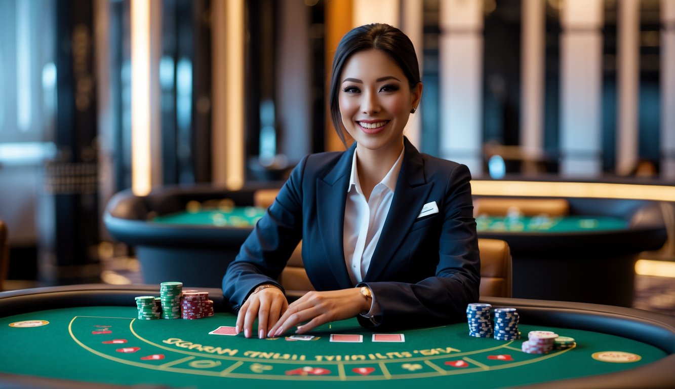 Seorang dealer profesional tersenyum di meja baccarat dengan kartu dan chip dalam suasana kasino yang mewah.