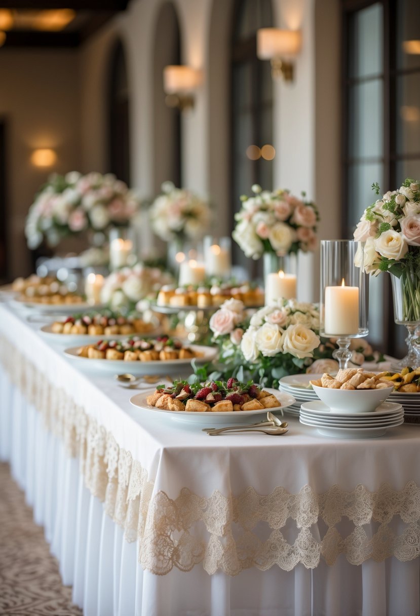 A wedding buffet table with a white linen tablecloth and lace overlay, decorated with flowers, candles, and platters of food.