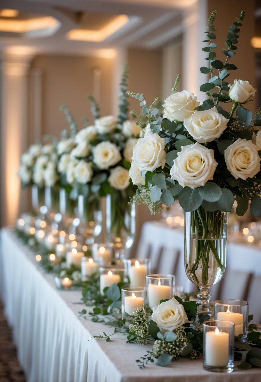 Wedding buffet table decorated with tall floral centerpieces of white roses and eucalyptus in glass vases.