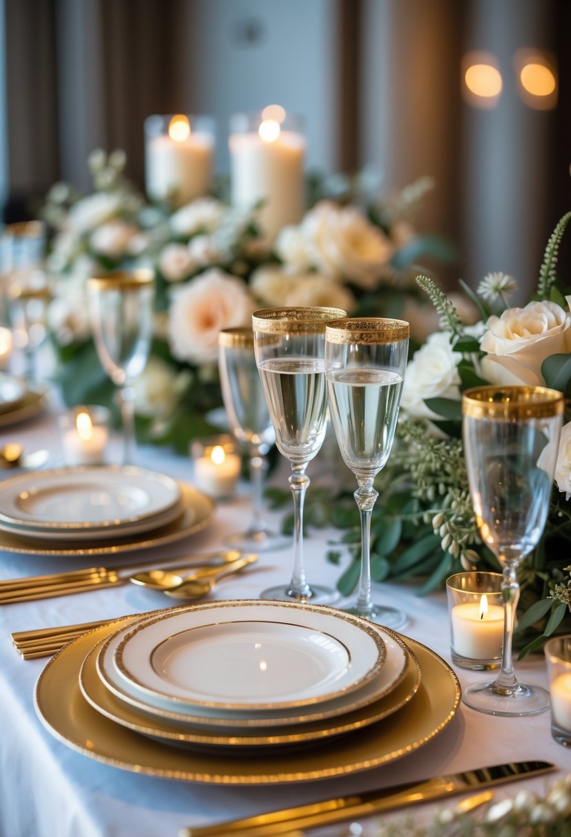A wedding buffet table with gold-rimmed glassware and plates, decorated with flowers and candles.