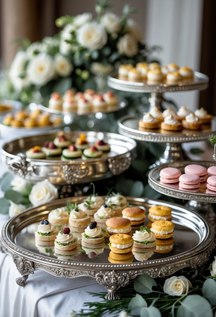 A wedding buffet table with antique silver serving trays holding assorted appetizers and desserts, decorated with white flowers and greenery.