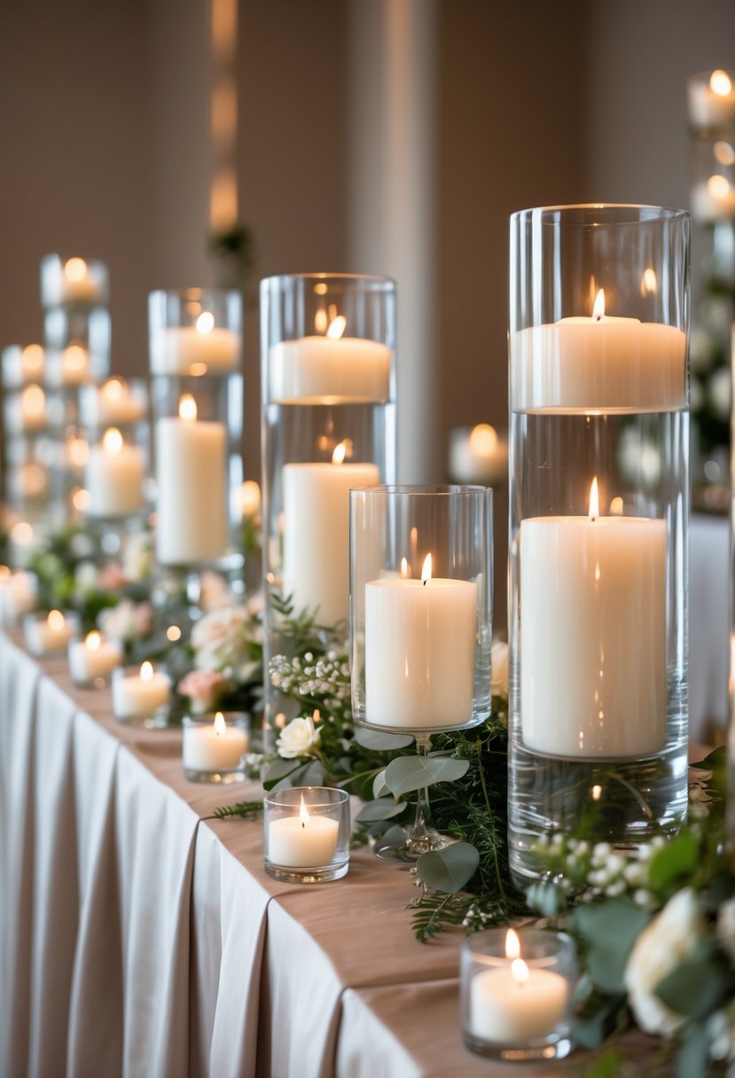 A wedding buffet table decorated with clear hurricane vases holding lit white candles and floral accents.