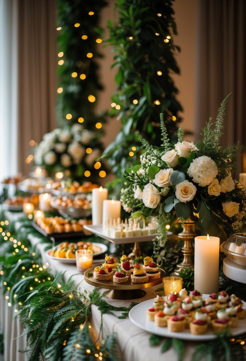 A wedding buffet table decorated with greenery and string fairy lights, featuring elegant flowers, candles, and assorted food platters.
