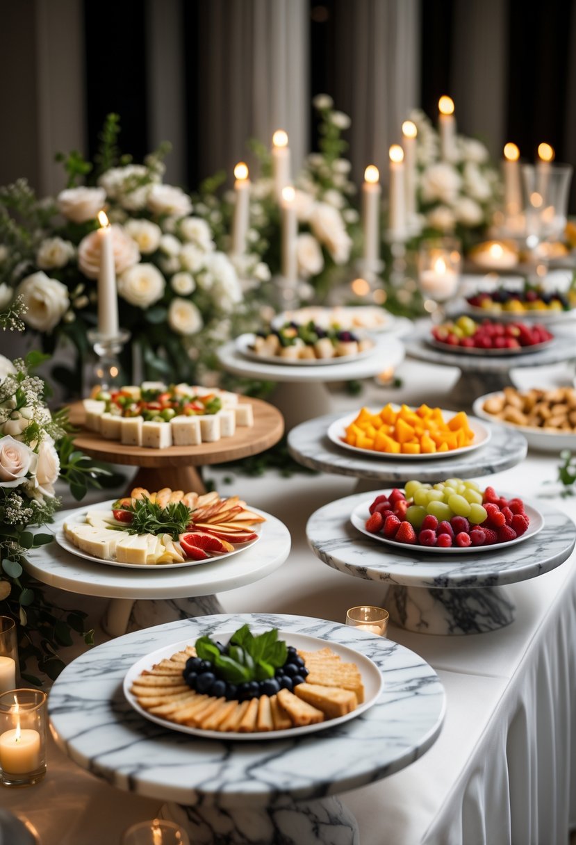 A wedding buffet table with multiple marble serving platters displaying various appetizers, fruits, and cheeses, decorated with flowers and candles.