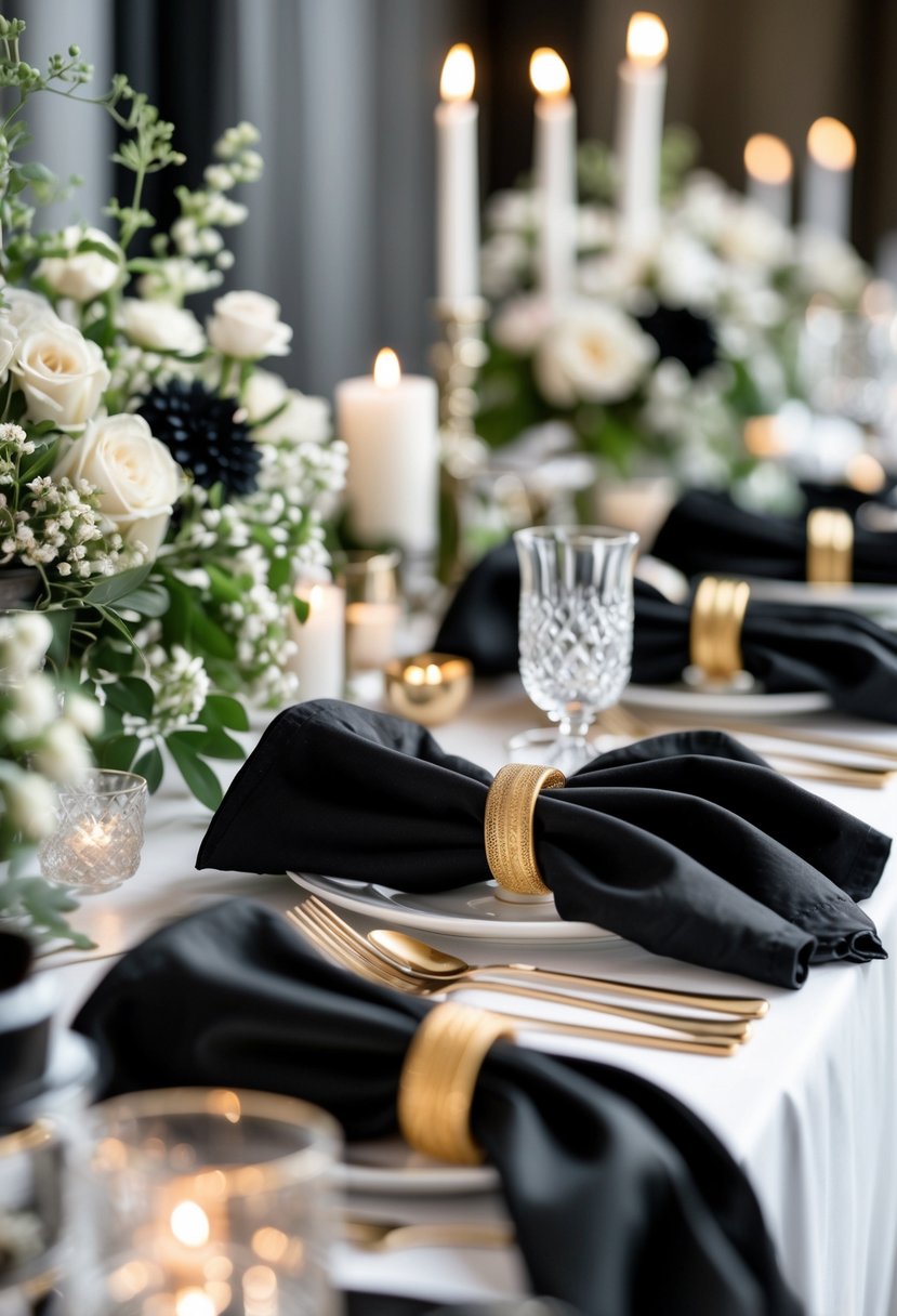 A wedding buffet table with black napkins held by gold rings, surrounded by flowers, silverware, and candles.