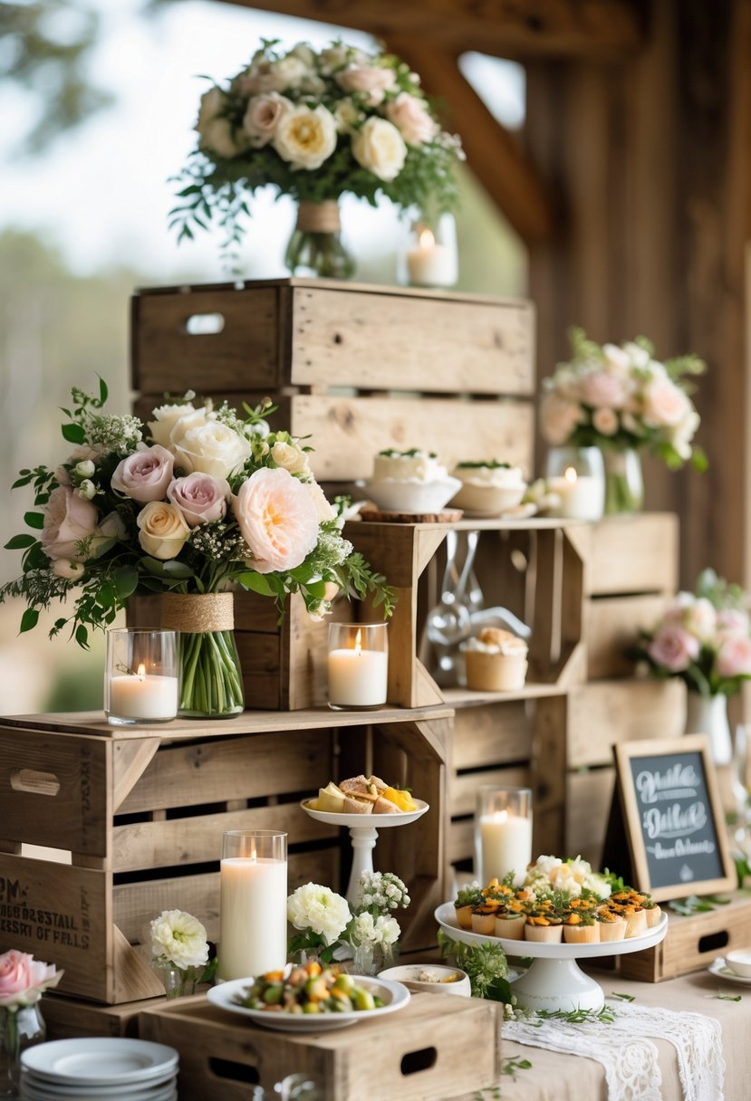 A wedding buffet table decorated with rustic wooden crates of different heights displaying flowers, candles, serving dishes, and elegant decor items.