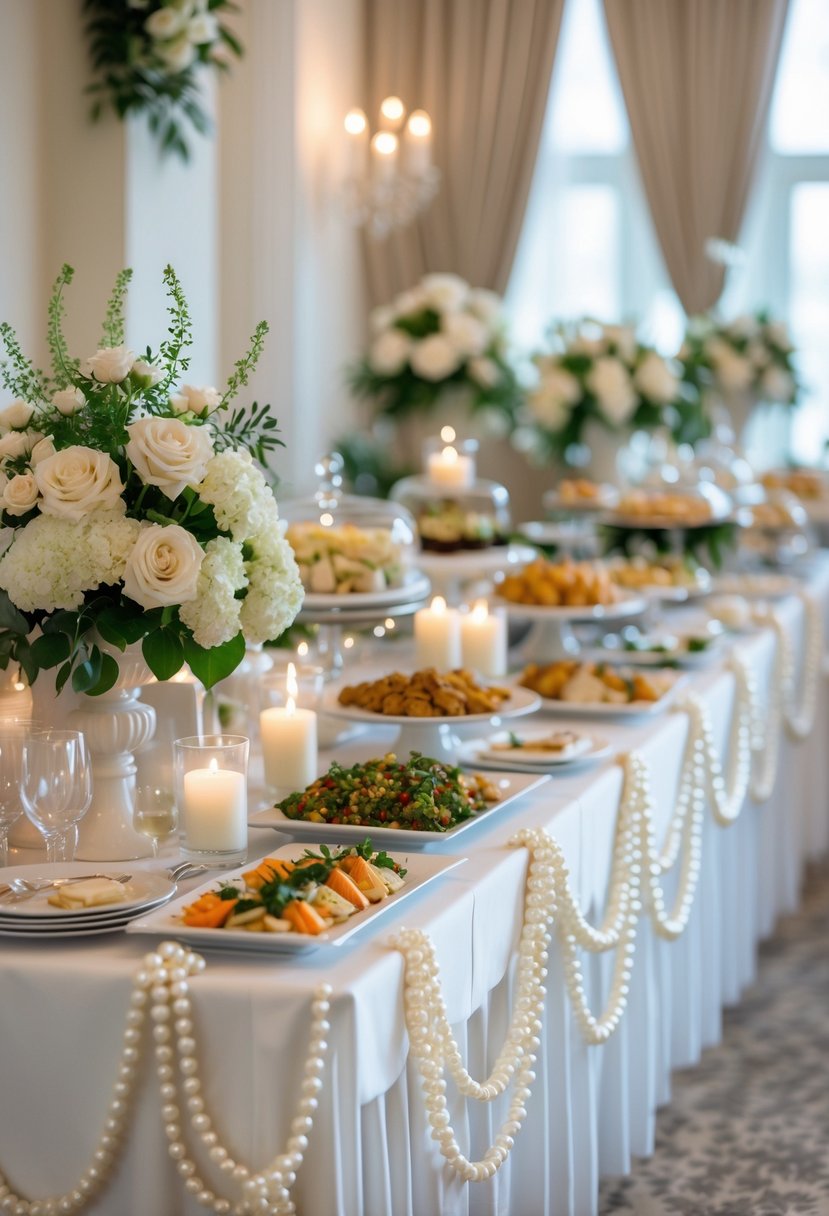 Wedding buffet tables decorated with pearl garlands and elegant floral arrangements.