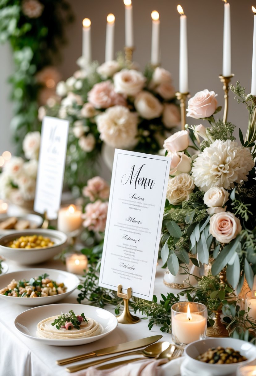 A wedding buffet table decorated with elegant menu cards, floral arrangements, and various dishes.