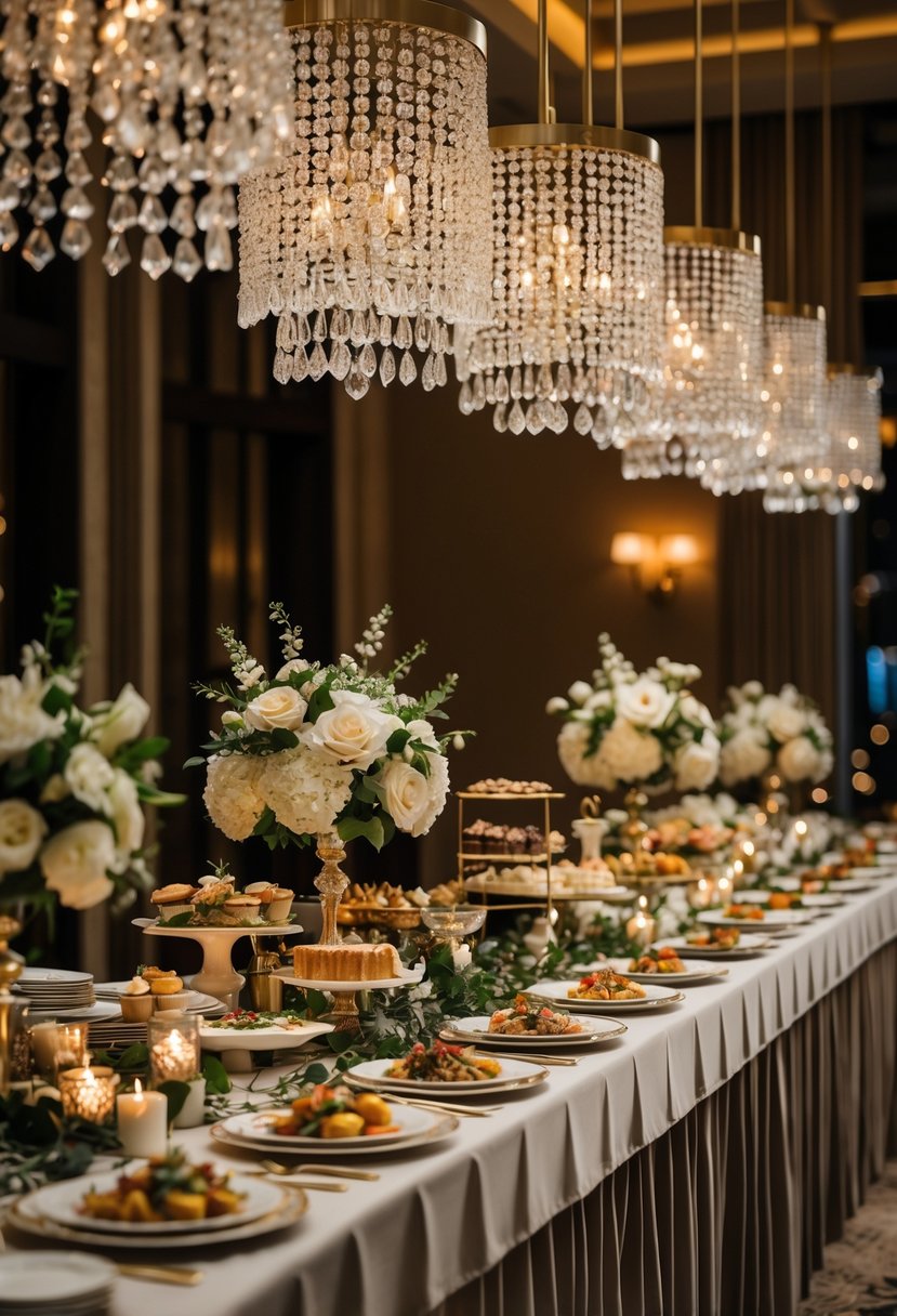 A wedding buffet table decorated with crystal bead chandeliers hanging above and an array of food and elegant table settings.