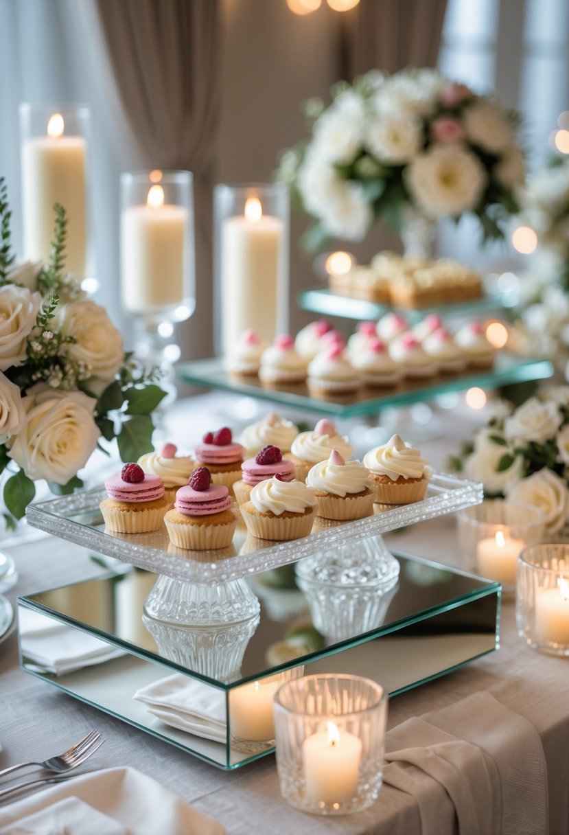 A wedding buffet table with multiple dessert trays displayed on mirror bases, featuring various pastries and floral decorations.