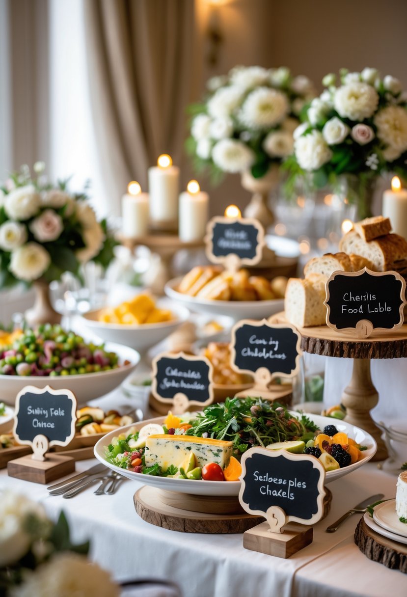 A wedding buffet table with various gourmet dishes and small chalkboard food labels on wooden stands, surrounded by floral decorations and candles.