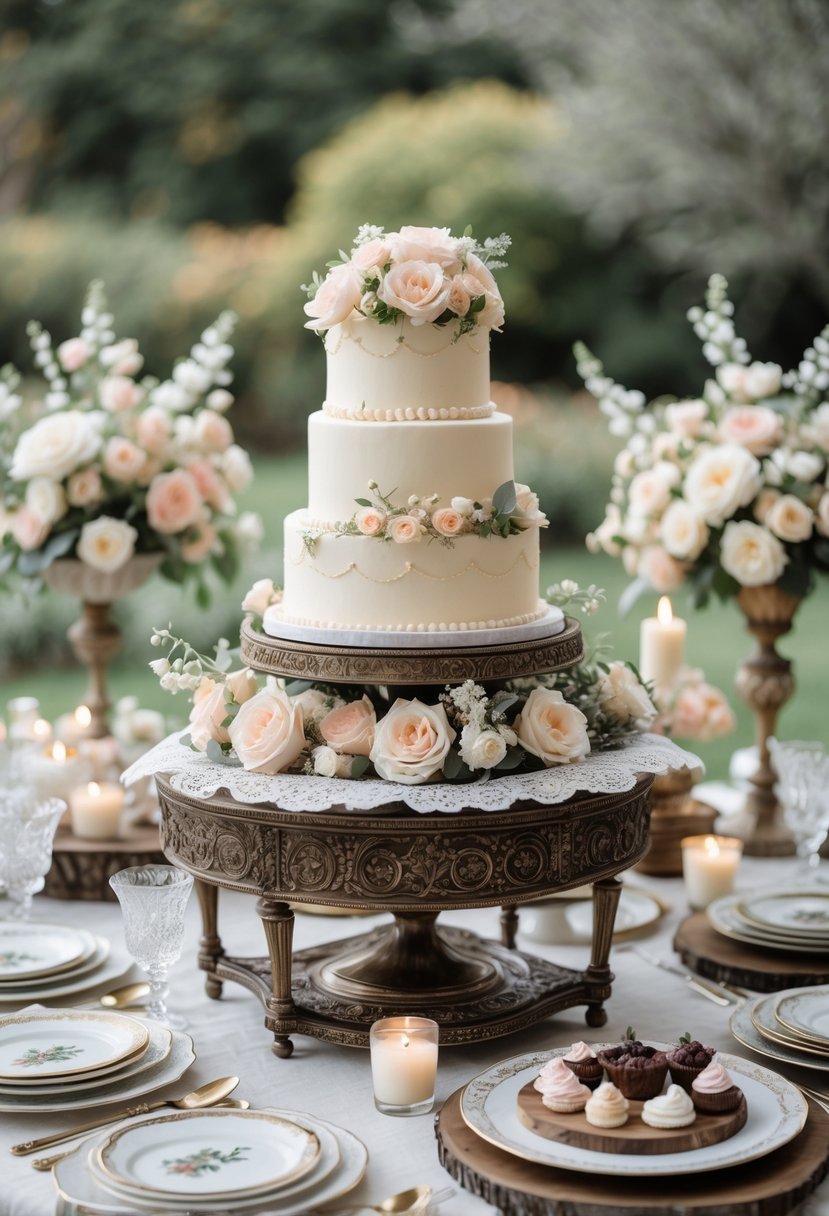 Wedding buffet table with a vintage-style cake stand holding a decorated cake, surrounded by floral arrangements, candles, and assorted desserts.