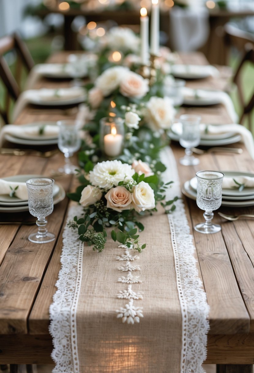A wooden table decorated with fabric runners, flowers, candles, and greenery set for a wedding reception.