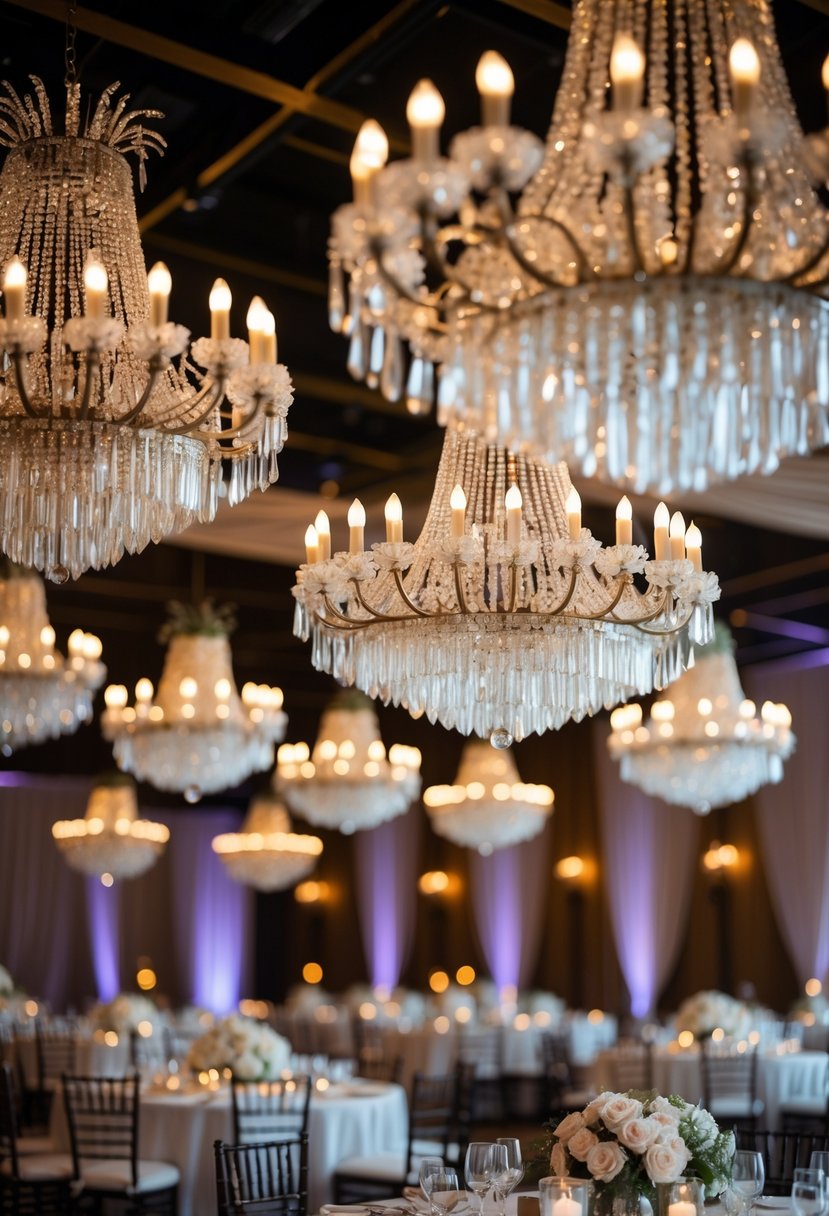 Wedding reception venue with multiple crystal chandeliers hanging above decorated tables and floral centerpieces.