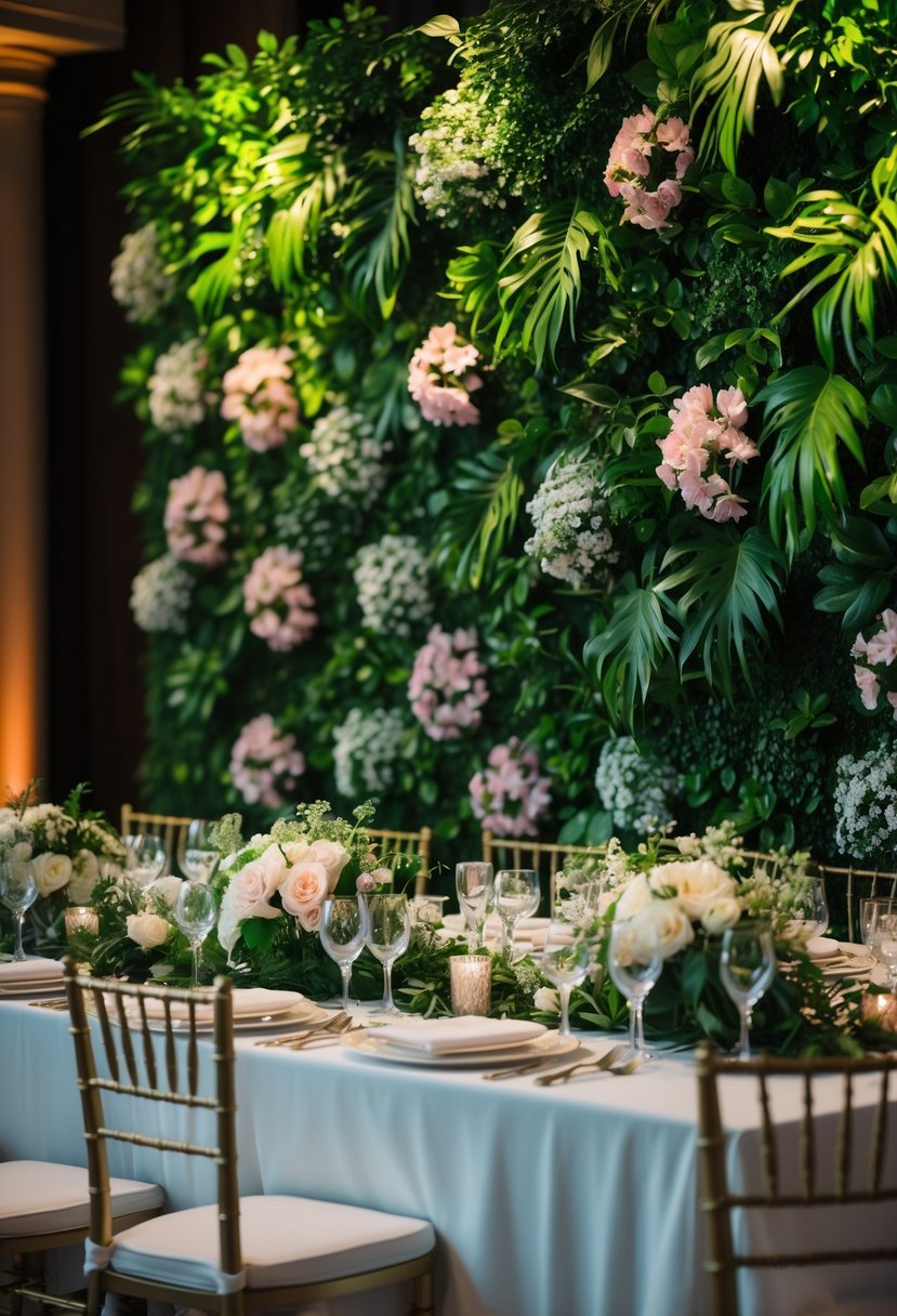 Wedding reception table set against a lush green wall covered with leaves and flowers.