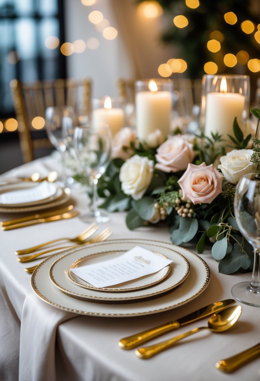 A wedding reception table set with vintage gold cutlery, white plates, floral centerpieces, and candles.