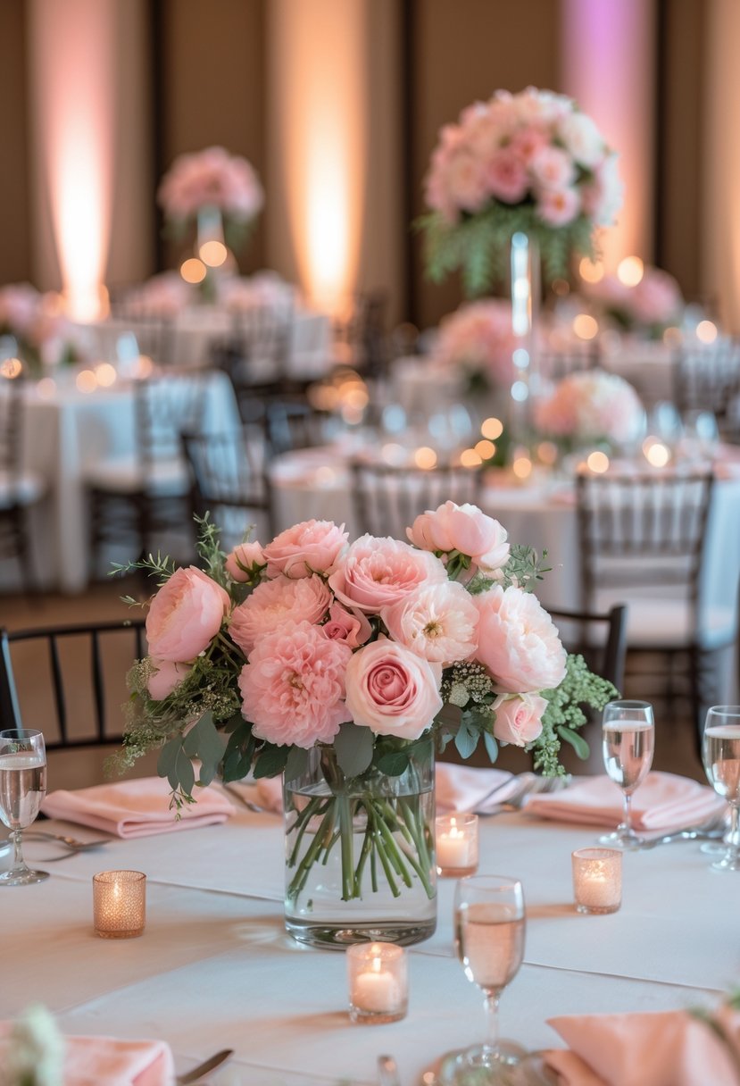 Wedding reception tables with blush pink floral centerpieces in glass vases surrounded by white linens.