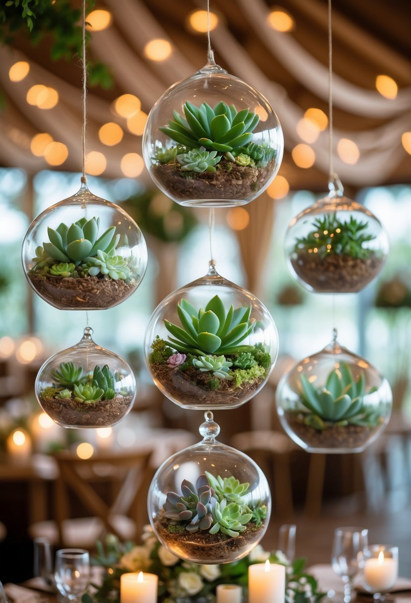 Several hanging glass terrariums filled with succulents displayed at a wedding reception.