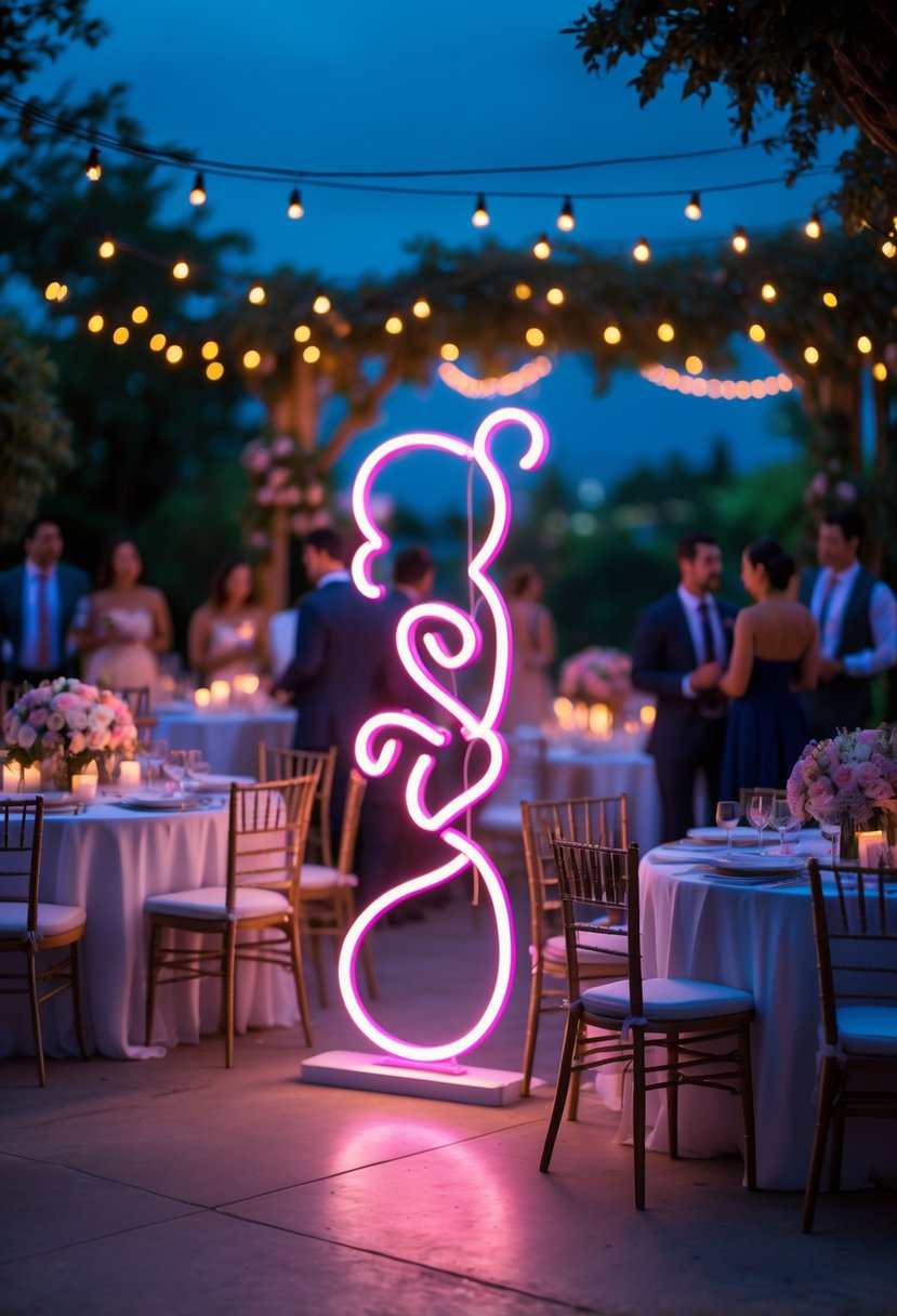 A wedding reception decorated with glowing neon signs, elegant tables with floral centerpieces, and guests enjoying the evening outdoors.