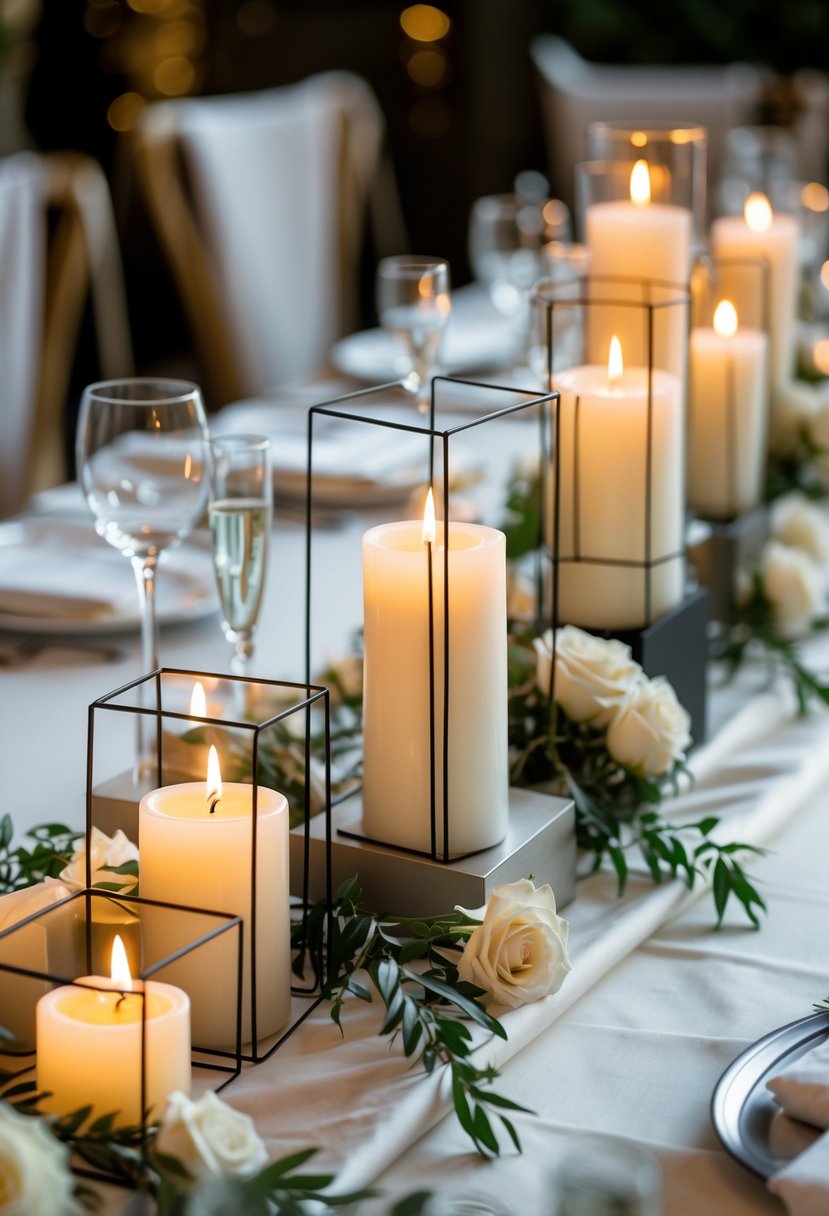 Candles burning inside geometric metal holders arranged on a wedding reception table with floral accents.