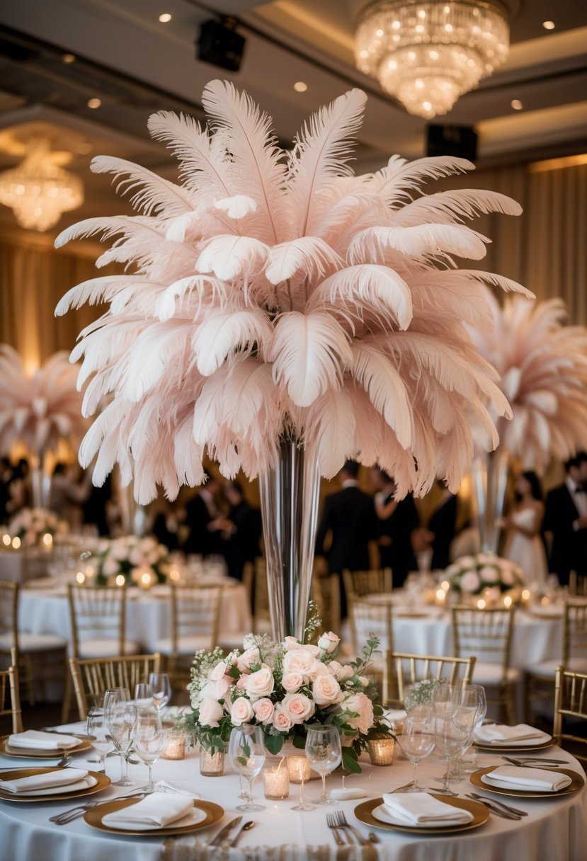 Wedding reception tables decorated with tall ostrich feather centerpieces and floral accents in an elegant venue.