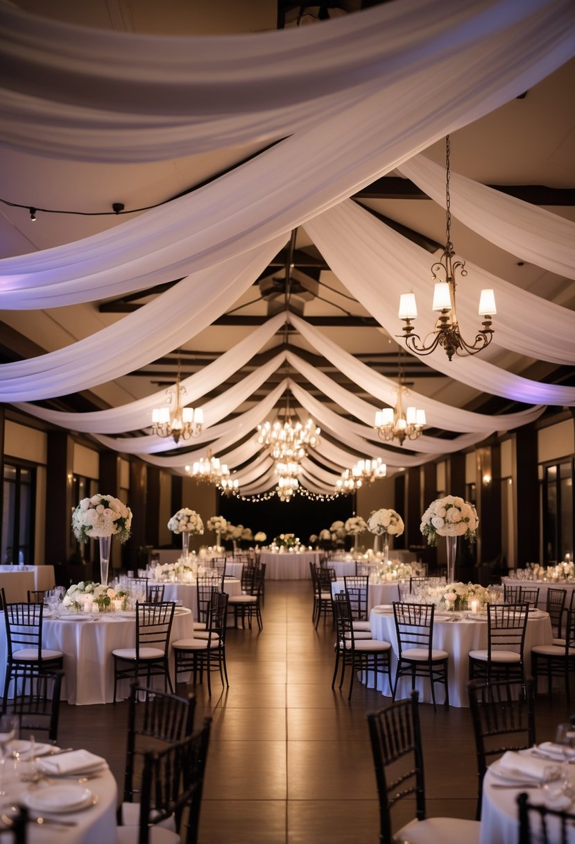 A wedding reception venue with white fabric draped ceilings, round tables set with floral centerpieces and soft lighting.