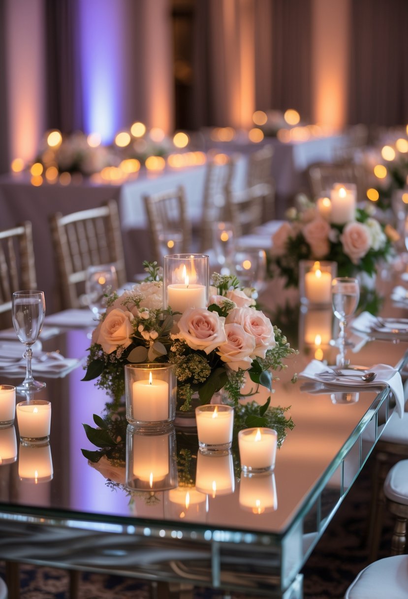Wedding reception tables with mirrored tops decorated with glowing tea light candles and floral arrangements.