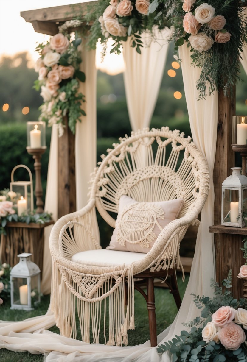 A wedding reception setup featuring a wooden chair decorated with intricate macramé, surrounded by flowers, greenery, and soft natural lighting.