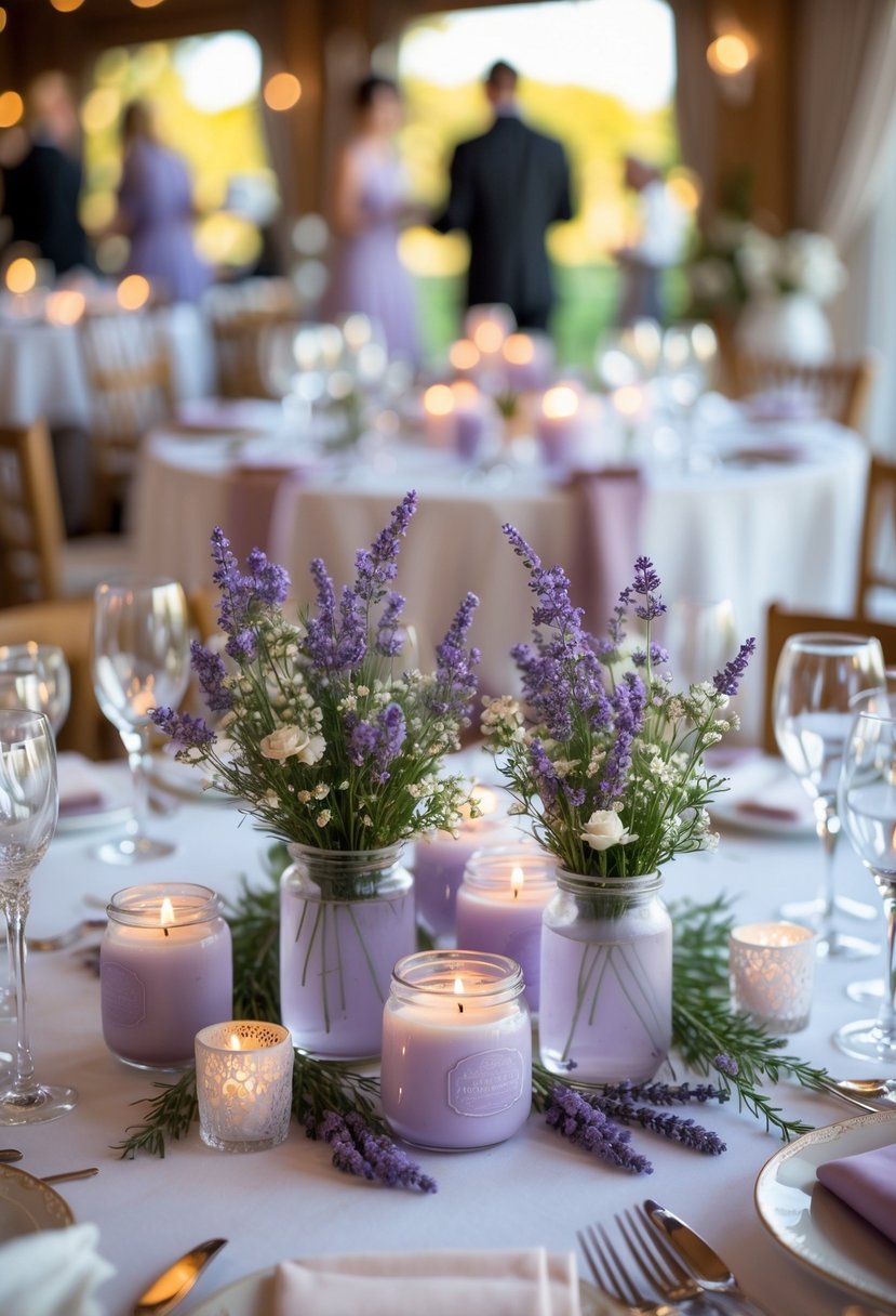 A wedding reception table with lavender-scented candle favors surrounded by flowers and elegant table settings.