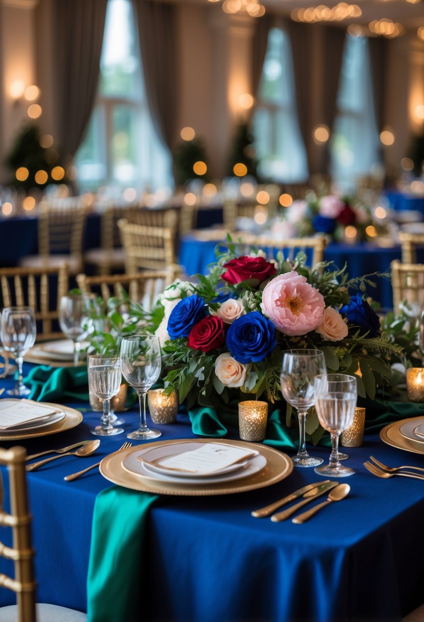 A wedding reception table set with colorful jewel-tone linens, elegant dinnerware, floral centerpieces, and soft lighting.