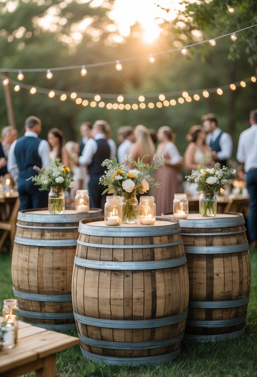 Outdoor wedding reception with wooden barrel bars decorated with flowers and candles, surrounded by guests and wooden tables.